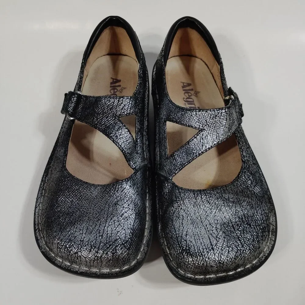 Alegria Womens Size 38 US 7.5 Onyx Crackle Jill Metallic Mary Jane JIL-752